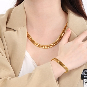 Mens gold Cuban link necklace and bracelet set displayed on a model in a hip hop style