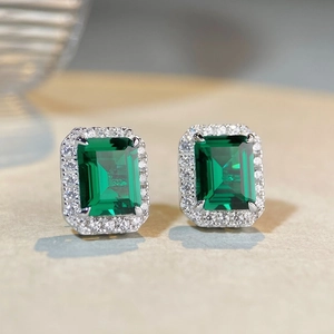 Elegant emerald cut halo stud earrings in S925 sterling silver with green gemstone