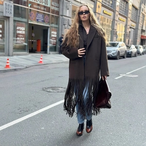 Coffee brown woolen coat with long tassels and bohemian fringe for urban street fashion