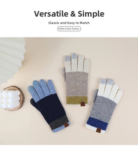 Detailed view of color-block wool gloves with touchscreen tips and leather tags