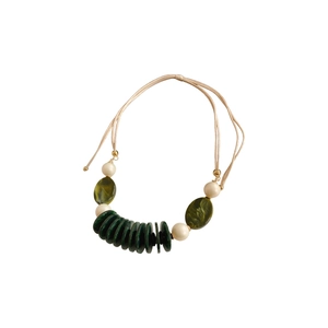 Vintage green and cream beaded leather necklace with oval resin pendants for women