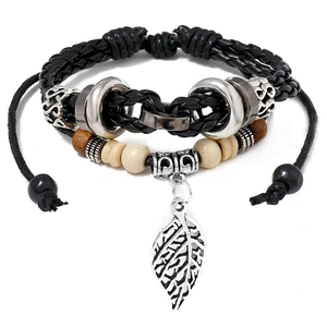 Multi Layer PU Leather Bracelet With Alloy Leaf Pendant And Wood Beads Adjustable Vintage Bohemian Men Women