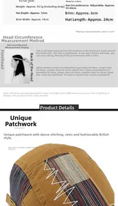 Tableau des tailles détaillé et gros plan sur les textures de la casquette patchwork