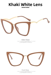 Cat eye glasses frames in khaki with gold metal temples and blue light blocking lenses