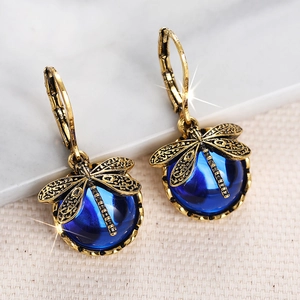 Details von Vintage Gold Libelle Ohrringen mit runden blauen Perlen und Texturierung