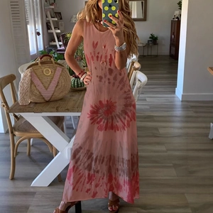 Women's pink tie-dye sleeveless round neck maxi dress for summer beach vacation wear