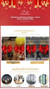 Beidseitige statische Weihnachtsaufkleber mit roter Schleife und goldenen Schneeflocken