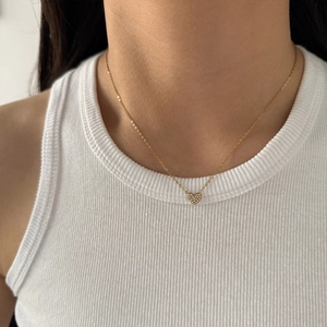 Gold stainless steel heart pendant necklace with shimmering zircon crystals for women