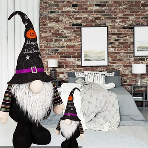 Plush Halloween gnomes with black witch hats and Happy Halloween embroidery on rug