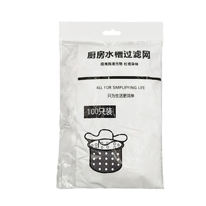 Pack of 100 white elastic mesh kitchen sink strainers in clear hanging bag