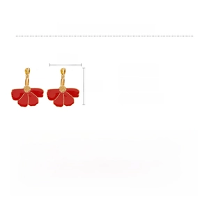 Detailed spec sheet showing red flower earrings dimensions 2.7x2.4cm and alloy material