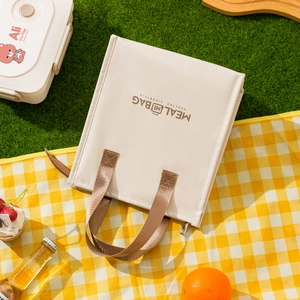 Minimalist insulated meal bag in cream white with brown handles on a picnic lawn