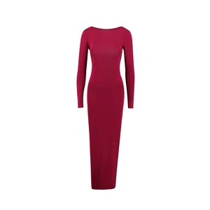 Close-up of the elegant wine red long-sleeve bodycon maxi dress with backless design