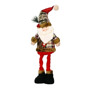 Detail of Santa Claus plush doll with long red telescopic legs and plaid hat decor