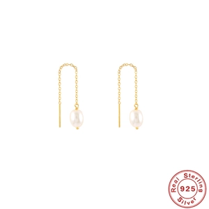 Elegant S925 sterling silver long tassel chain earrings with glossy white pearls