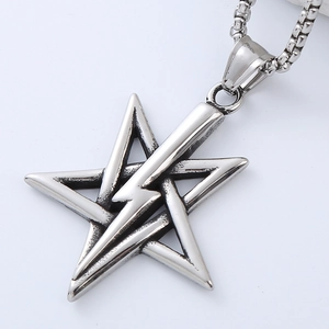 Macro view of silver stainless steel viking necklace with star and lightning pendant