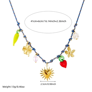 Bohemian gold stainless steel necklace with blue cord and colorful enamel heart charms