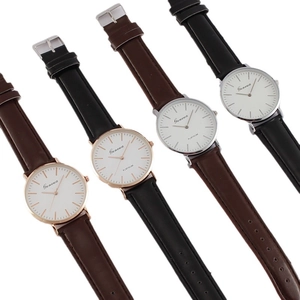 Minimalist ultra-thin men's leather quartz watches in black and brown styles