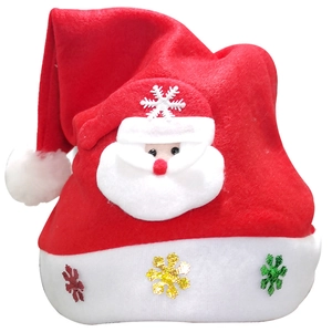 Red non-woven Christmas hat with LED lights, sequined snowflakes and Santa Claus design