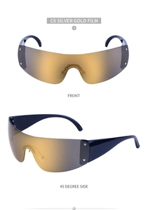 Dual view of Y2K rimless sunglasses with gold mirrored lenses and sleek black frames