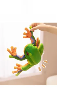 Close-up of a green plush frog toy with soft velvet texture and colorful details