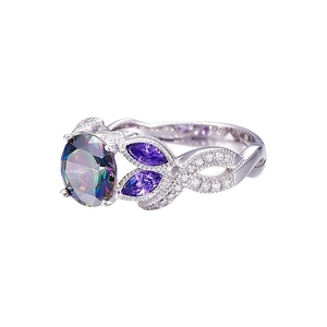 Exquisite silver ring with large colorful round gemstone and purple accent stones