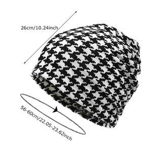 Classic houndstooth knit beanie hat for men and women, 26cm height with size chart
