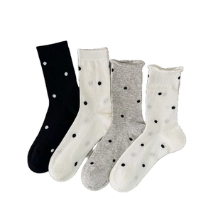 Breathable polka dot crew socks for women in black, beige, grey and white 4-pair set