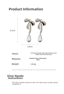 Bowknot drop pearl earrings with rhinestones, 5.1cm by 3.4cm size and material details