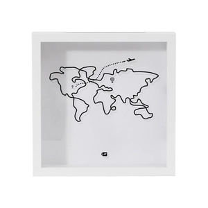 Front view of white shadow box frame with minimalist black line world map and flight path