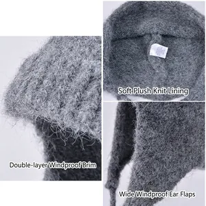 Gray winter knit hat with double-layered windproof brim and warm plush lining for women