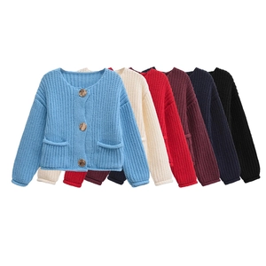 Women Chunky Knit Cardigan Sweater Crew Neck Gold Buttons Dual Pockets Casual Long Sleeve Loose Outerwear
