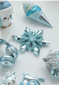 Blue and silver Christmas ornaments set featuring reindeer and snowflake shapes