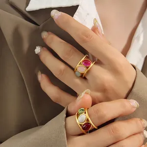 Retro 18K gold plated wide open rings with colorful oval cabochon gemstones on hand