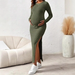 Ribbed Knit Maternity Dress Long Sleeve Crew Neck Slim Fit Side Slit Maxi Pregnancy Bodycon Gown For Women
