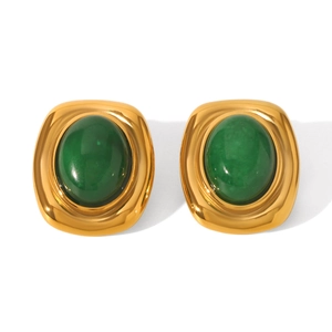 Boucles d'oreilles vintage en acier inoxydable plaqué or 18 carats avec pierre naturelle verte