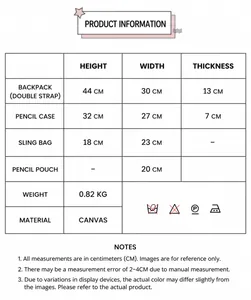 Detaillierte Größentabelle mit Maßen für das fünfteilige Nylon-Schulrucksack-Set