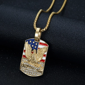 Hip hop gold plated titanium steel necklace with American flag eagle pendant and rhinestones