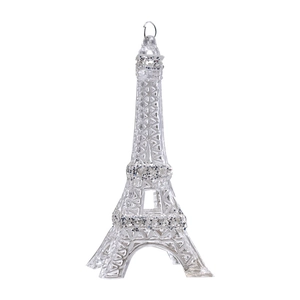 Clear acrylic Eiffel Tower Christmas ornament with silver glitter accents and hanging ring