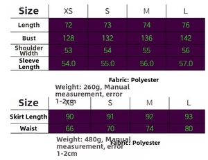 Size chart showing XS to L measurements for pleated top and chiffon skirt