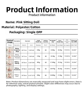 Detailed size chart for pink Christmas plush dolls including Santa, snowman, and elk
