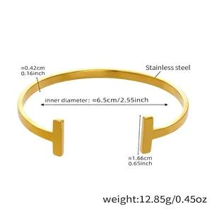 Detail of 18k gold plated stainless steel cuff bracelet showing T-shaped ends and dimensions