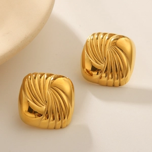 Square 18K gold-plated titanium steel earrings with unique water ripple spiral texture