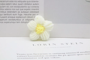 Macro shot of handmade crochet daisy flower accessory with white petals and yellow center