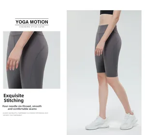 Detail of high-waisted yoga shorts featuring professional four-needle six-thread stitching