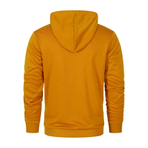 Rear view of a mustard yellow drawstring hoodie showing soft fabric texture and hoodie structure