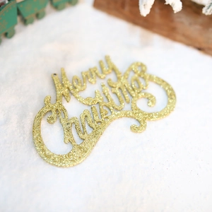 Ciondolo dorato glitterato Merry Christmas per decorazioni festive dell'albero di Natale