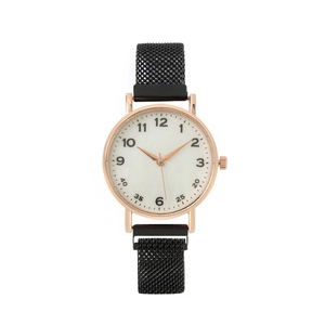 Minimalist women's quartz watch with rose gold case and black mesh band on white background