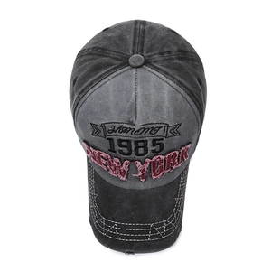 Retro washed denim baseball cap with 1985 New York embroidery and distressed edges