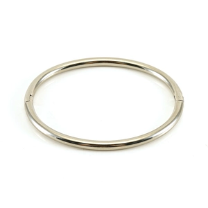 Minimalist silver oval stainless steel bangle with polished finish and side hinge opening